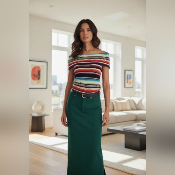 Lauren Ralph Lauren Striped Off-Shoulder Sweater Top Only Black Multicolor - Picture 1 of 14